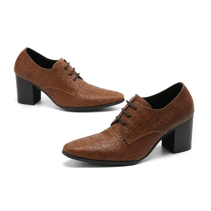 Handmade Man Office Crocodile Pattern High Heel Shoes Lace Up Business Party Dress Shoes Wedding Pointed Toe Cow Leather Shoes - Sun Studio