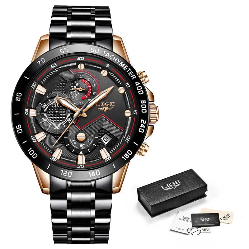 LIGE Business Men Watch Luxury Brand Stainless Steel Wrist Watch Chronograph Army Military Quartz Watches Relogio Masculino+BOX - Sun Studio