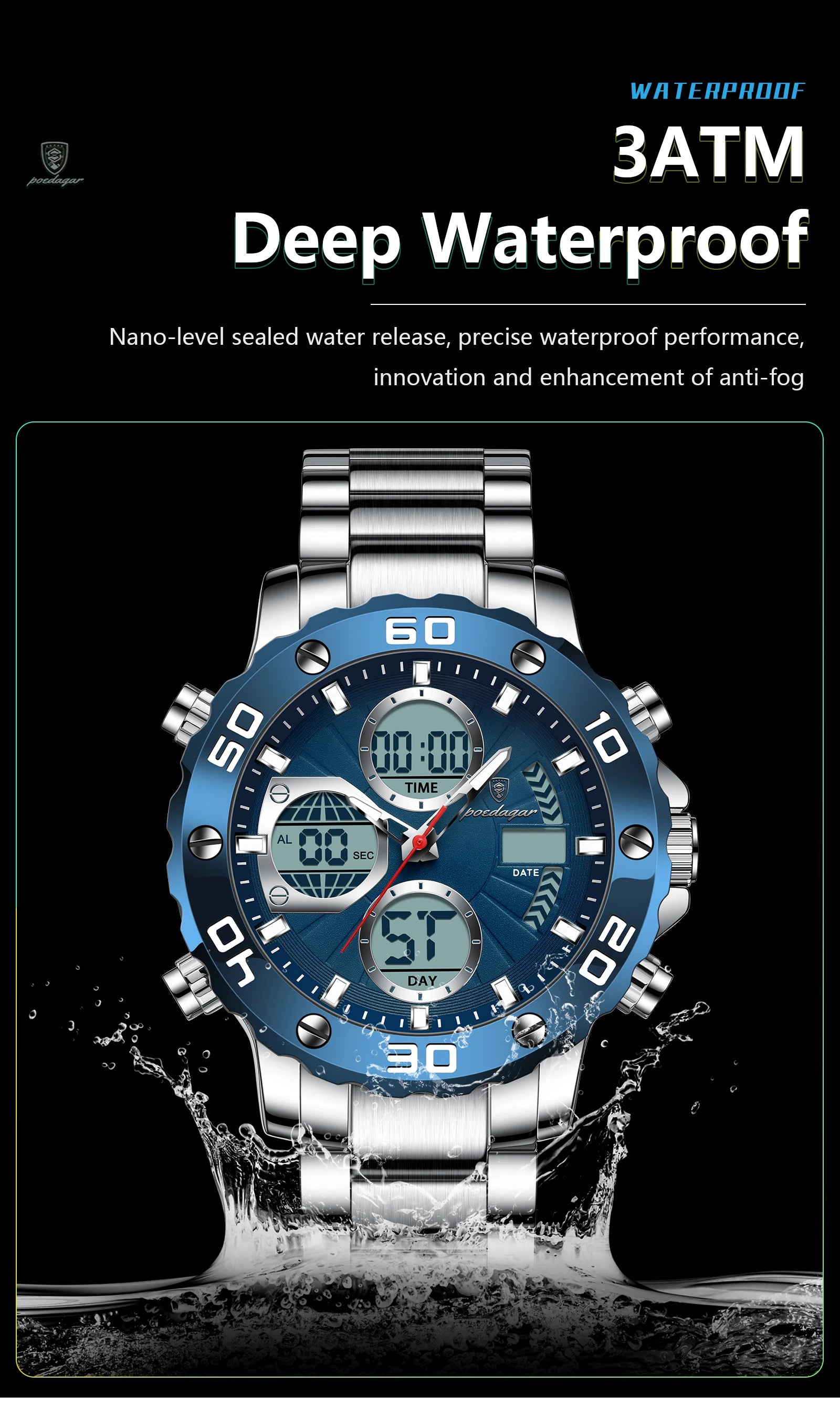POEDAGAR Military Men's Quartz Wristwatch LED Alarm Dual Display Men Watch Electronic Waterproof Outdoor Sports Watches for Men - Sun Studio