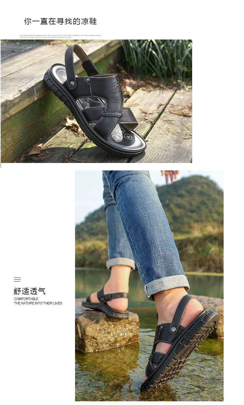 Big Size 49 50 Men's Sandals Summer Leather Shoes Man Slippers Non-slip Bottom Casual Business Beach Shoes for Men 2025 Summer - Sun Studio
