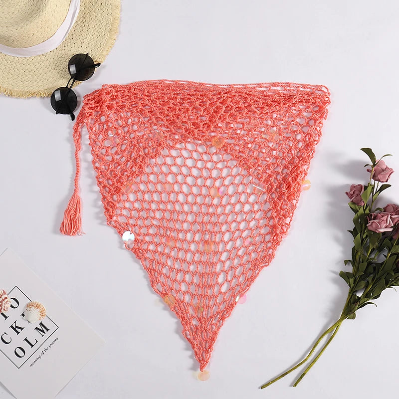 Women's Handmade Crochet Triangle Mesh Shawl With Sequins Sexy Beach Sunscreen Skirt Summer Hollow Out Swimsuit Cover Ups - Sun Studio