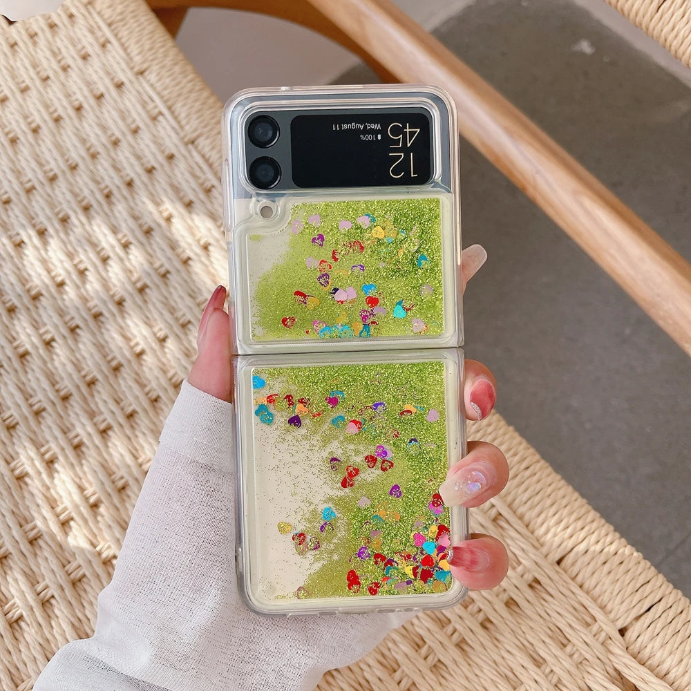 for Samsung Z Flip 7 Luxury Glitter Quicksand Case For Samsung Galaxy Z Flip 7 6 5 4 3 ZFlip 7FE Gradient Love Heart Bling Cover - Sun Studio