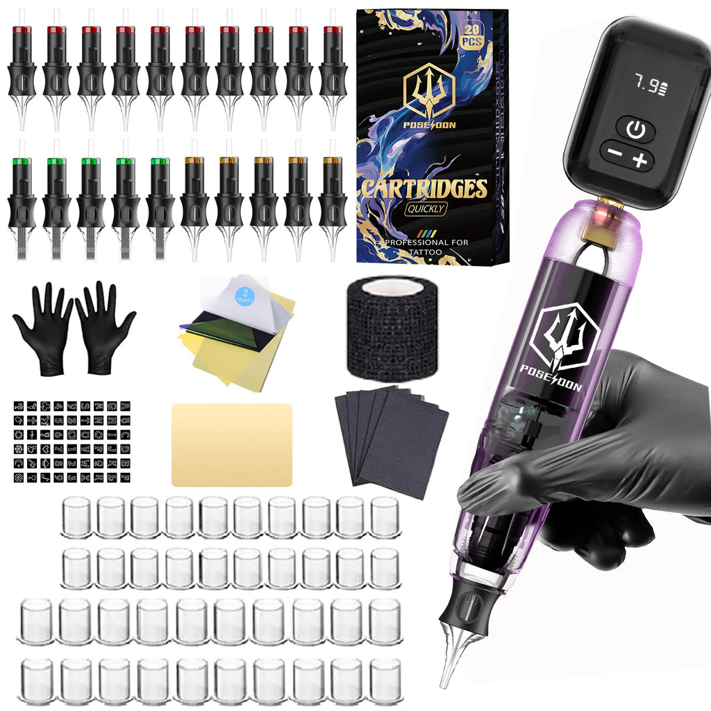 Tattoo Kit POSEIDON V5 20 Tattoo Needles Tattoo Pen Kit For Permanent Makeup Tattoo Machine Kit Purple Tattoo Gun Kit - Sun Studio