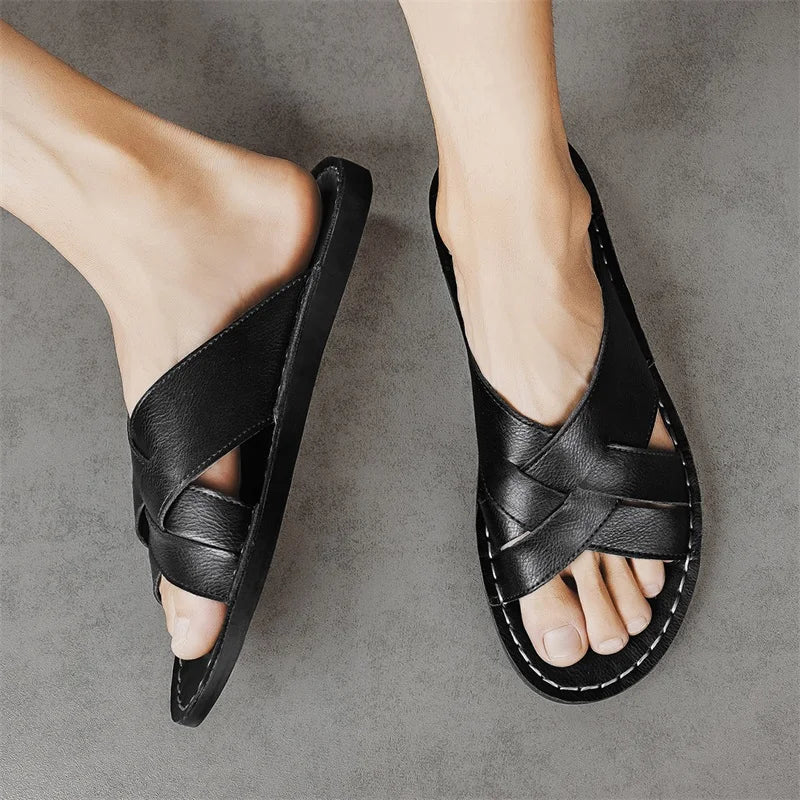 Handmade Leather Slippers for Men 2025 New Beach Summer Walking Shoes Slip on Light Male Flats Men Flip-flops Outdoor Half Drag - Sun Studio