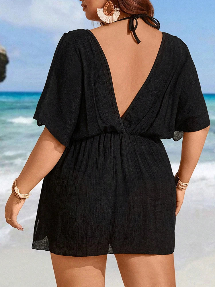 Summer Women Plus Size Bikini Cover Ups Sexy Ladies Chiffon Swimwear Swimsuit Beach Black Sleeve Cover-Up Mini Dress Beachwear - Sun Studio