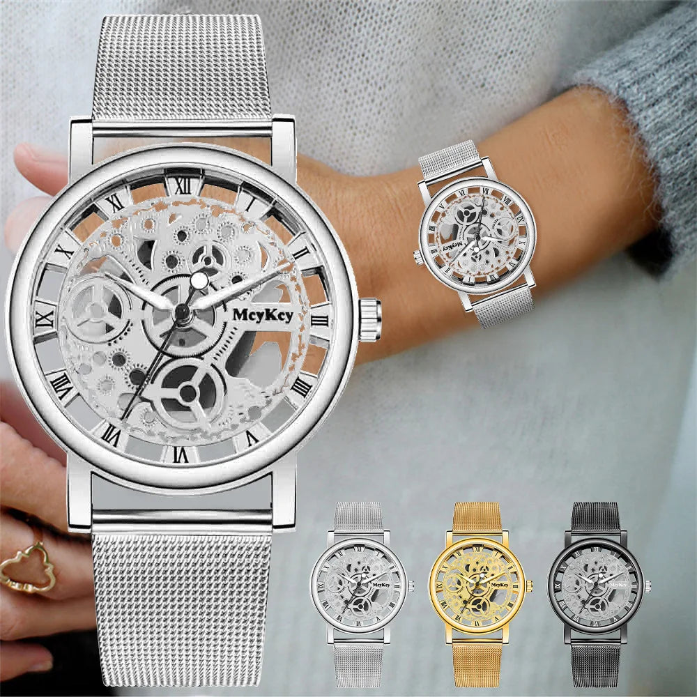 Free Shipping New Fashion Women Hollow Skeleton Faux Mechanical Watch Ladies Metal Mesh Quartz Watches For Gift Relogio Feminino - Sun Studio