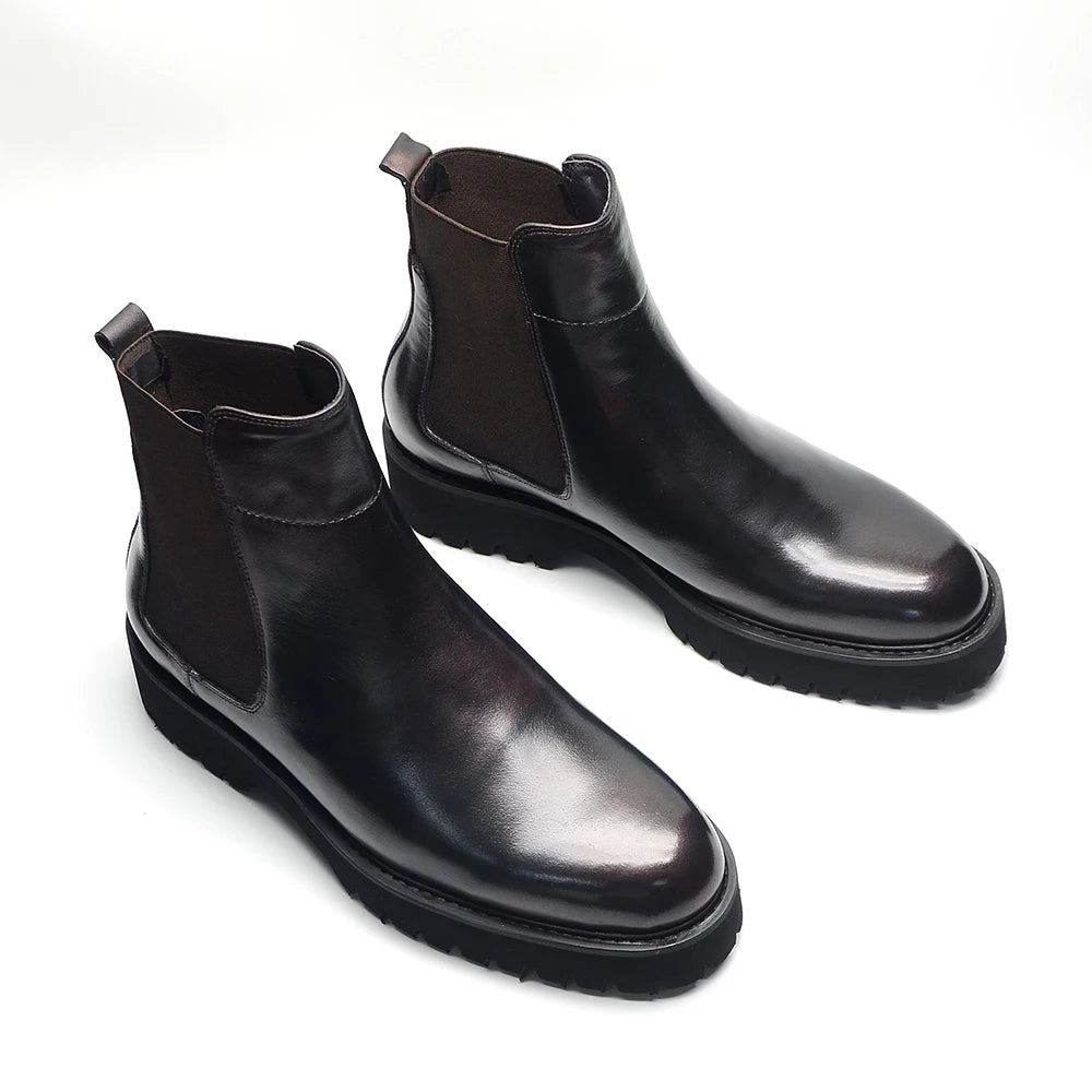 British Style High Top Men's Chelsea Boots Increase Height Classic Luxury Genuine Leather Elastic Band Men Autumn Winter Shoes - Sun Studio