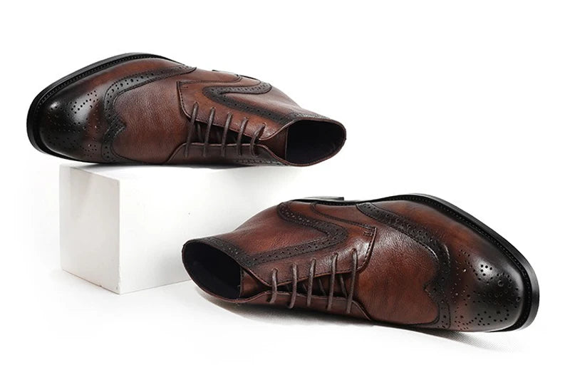 British Brock Carved Leather Boots Retro Business Formal Leather Shoes Fashion Men's Boots Cowhide Men's Short Boots - Sun Studio
