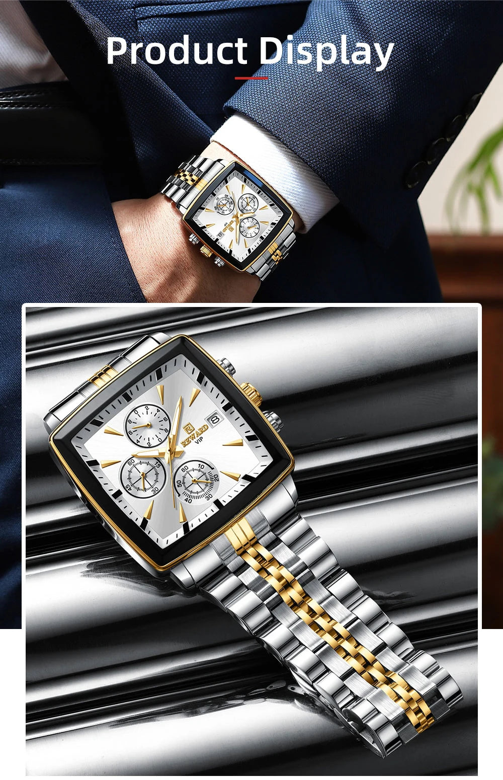 REWARD Fashion Square Dial Watch for Men Stainless Steel Waterproof Quartz Chronograph Mens Watches Luxury Sport Male Clock - Sun Studio