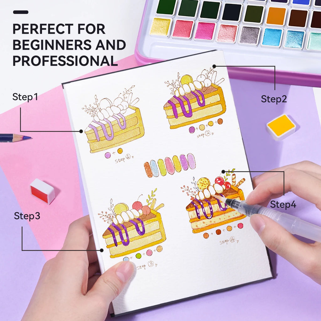 MeiLiang Watercolor Paint Set, 36/48 Vivid Colors in Pocket Box with Metal Ring and Brush, Perfect for Students, Beginners - Sun Studio