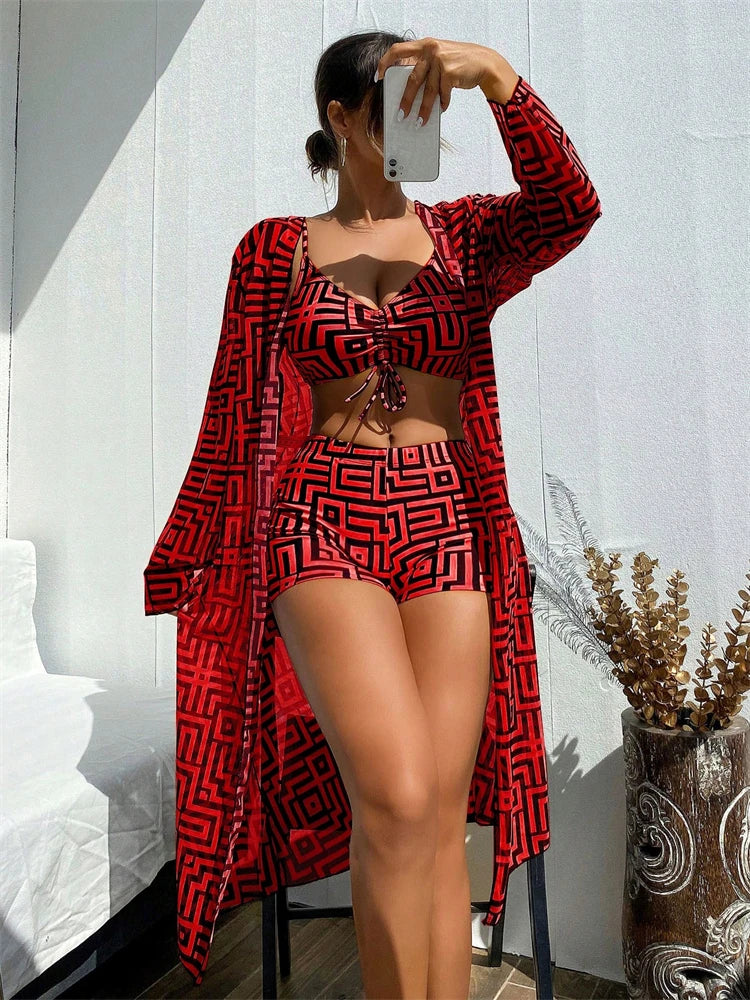 Bikini Women Swimsuit 2026 New Lattice Sling Bikinis Set Sexy Boxer Shorts Swimwear Summer Long Sleeve Beach Bathing Suit Female - Sun Studio