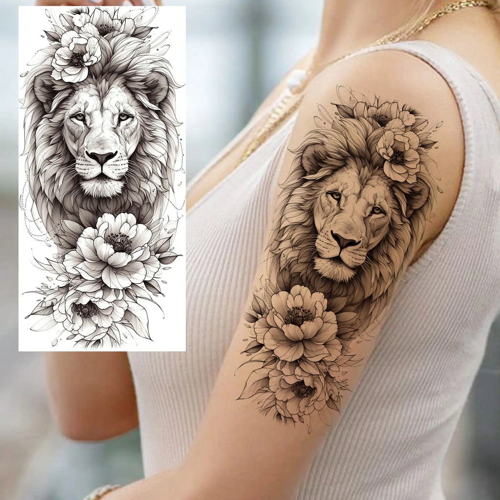 1 Sheet Beautiful Turtle With Flowers Temporary Tattoos Elephant Lion Tatoos Waterproof Realistic Animals Fake Tattoos Stickers