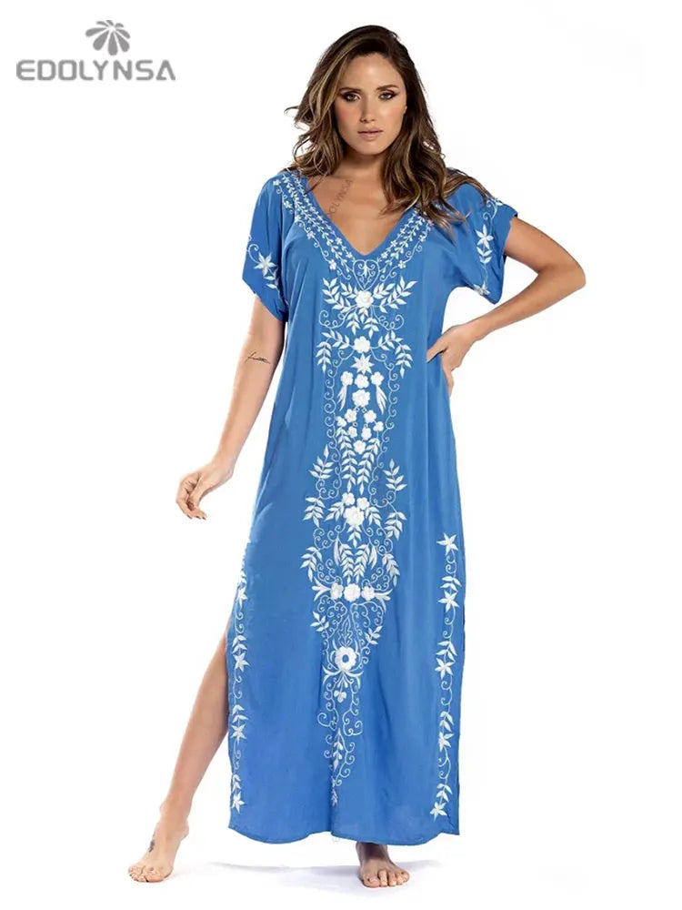 2023 Embroidery Kaftan Beach Cover Up Saida de Praia Swimsuit Women Bikini Cover-ups Tunic for Beach Pareo Sarong Beachwear Q790 - Sun Studio