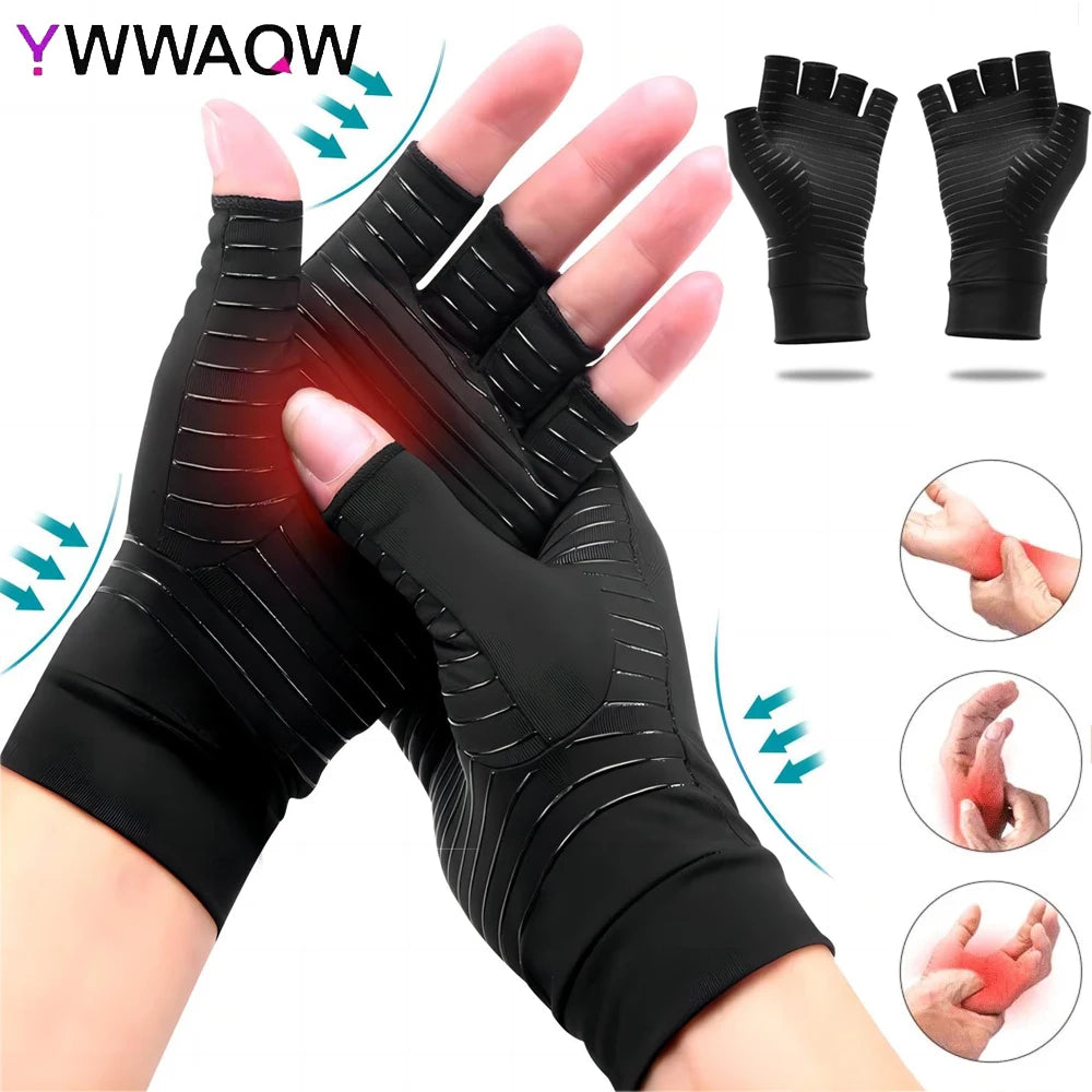 1 Pair Compression Gloves Hand Copper Arthritis Gloves Joint Pain Relief Half Finger Anti-slip Therapy Gloves For Womens Mens - Sun Studio
