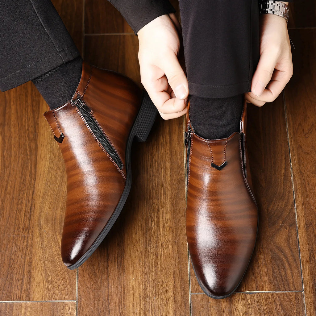 Retro Men Ankle Boots Luxury High-top Men Leather Shoes High Quality Non-Slip Motorcycle Boots Fashion Zipper Men Boots Big Size - Sun Studio