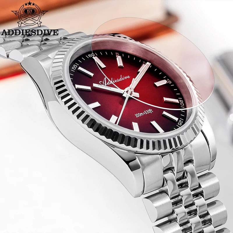ADDIESDIVE AD2073 Men's Business Watch Sapphire Glass Stainless Steel Quartz Wristwatches Gradient Red Dial Watches Reloj Hombre - Sun Studio