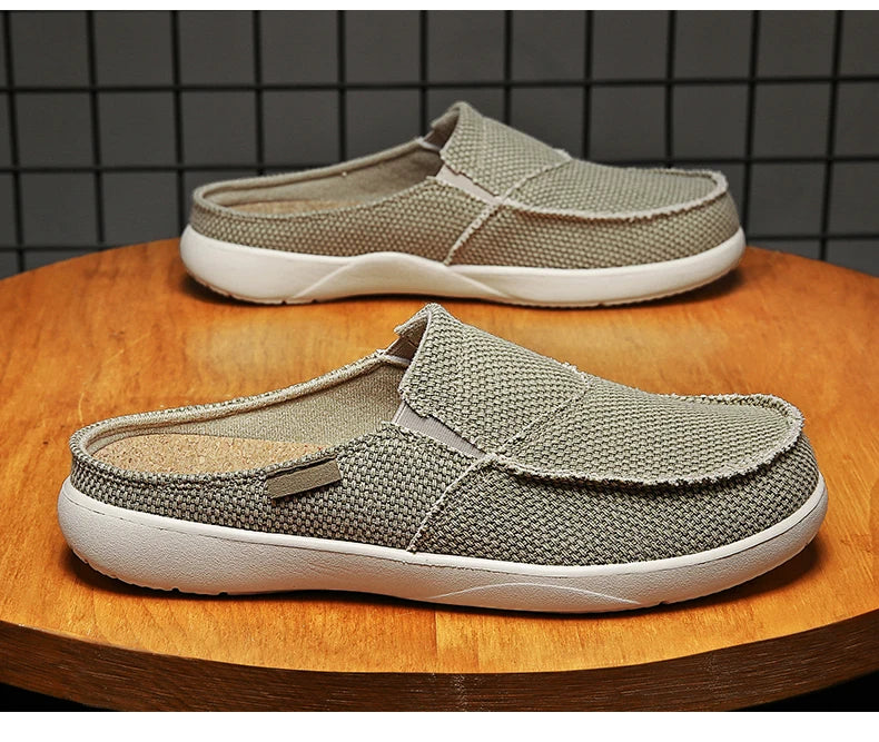 Casual Slip on Mens Shoes Outdoor Walking Comfortable Canvas Slippers Korean Trend Baotou Half Drag Slides Zapatillas Hombre