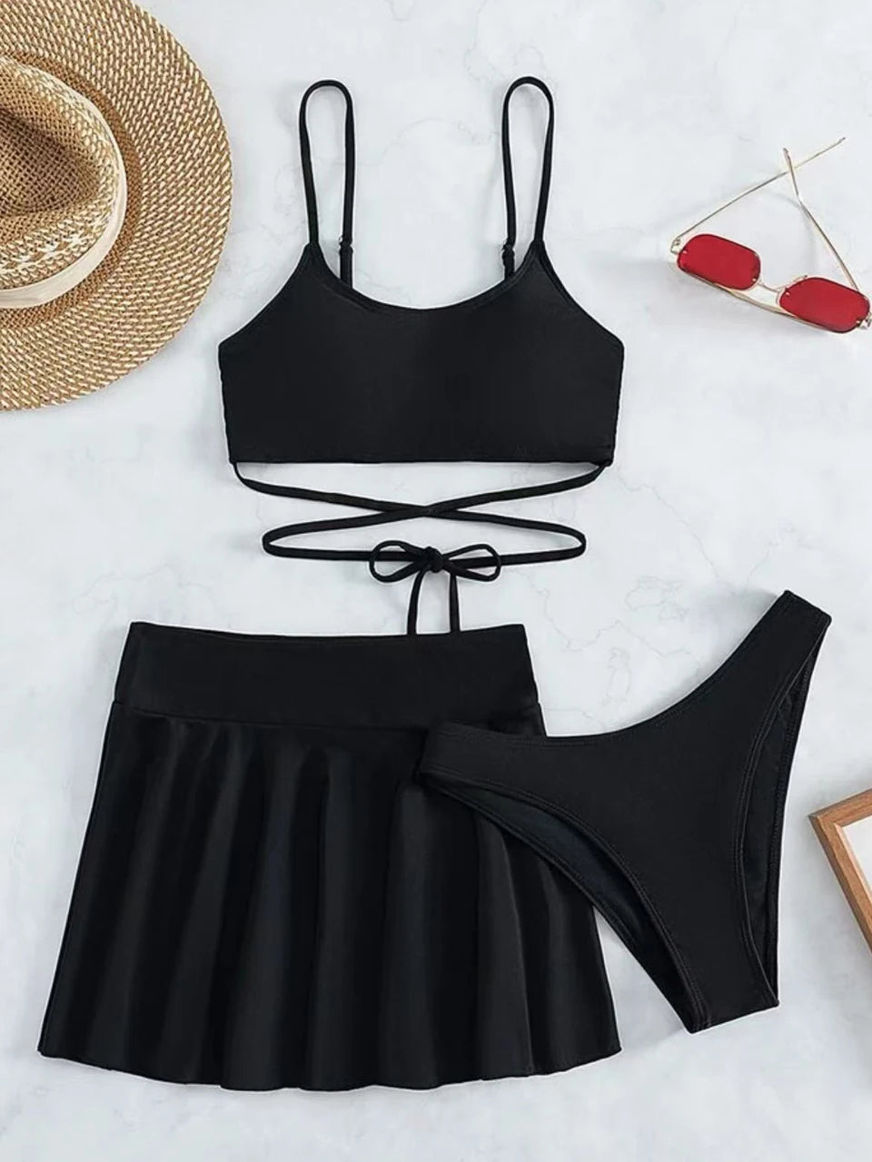 3 Pieces Crisscross Tie Back Bikini & Short Skirt Swimsuit 2026 Women Solid Swimwear Beach Wear Female Bathing Suit Swim Summer - Sun Studio