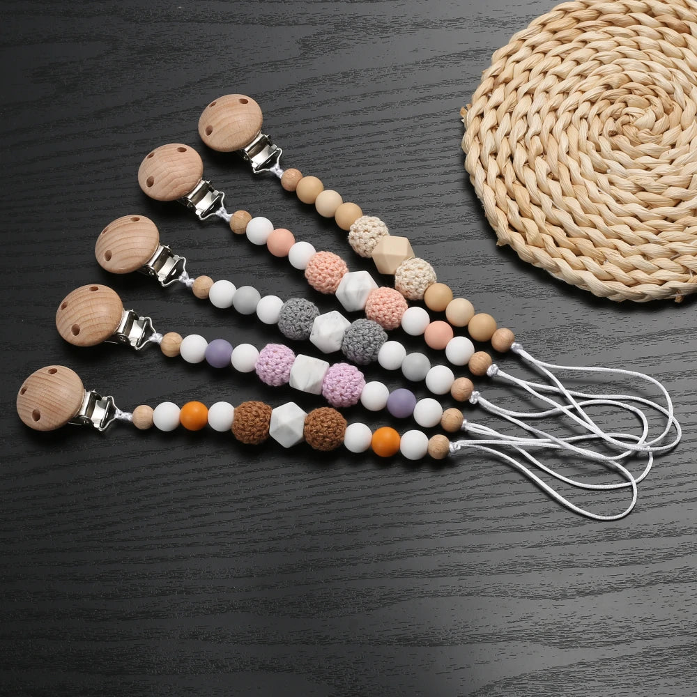 Wooden Felt Ball Baby Pacifier Chain Beech Soother Nipple Clips For Silicone Beaded Dummy Holder Chain Care Chew Toy Shower Gift - Sun Studio