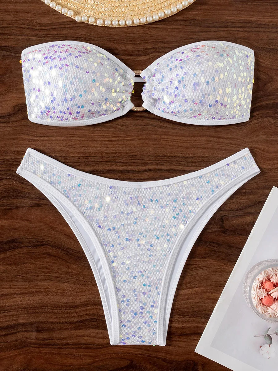 Sequins Shiny Mesh Bandeau Bikini Female Swimsuit Women Swimwear Two-pieces Bikini Set Brazilian Bather Bathing Suit Swim Lady - Sun Studio