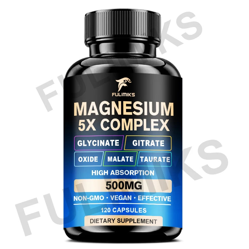 Magnesium Pills Supplement - 5 in 1 Complex, Glycinate, Citrate, Malate, Taurate, Oxide - Stress, Muscle & Heart Support - Sun Studio