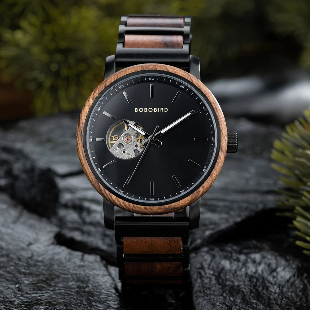 BOBO BIRD New Mechanical Watches for Men Luxury Wood and Stainless Steel Skeleton Customized Automatic Watch relojes mecánicos - Sun Studio