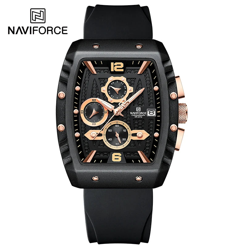 NAVIFORCE Creative Barrel-Shaped Dial Men Watches Fumed Silica Strap Waterproof Quartz Chronograph Date Display Male Wrist Watch - Sun Studio
