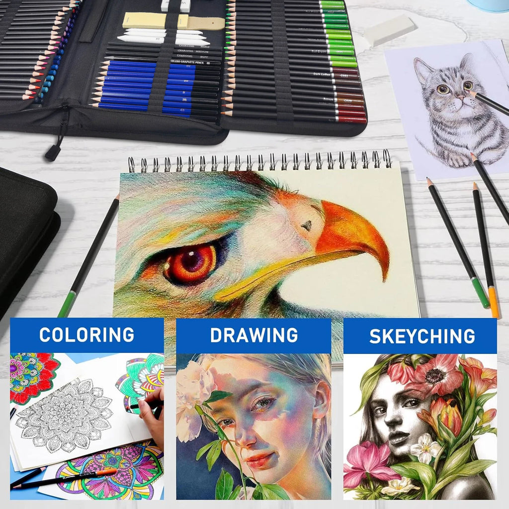 42/73/146 Pack Drawing Sketching Set, with 3-Color Sketchbook, Graphite, Charcoal Pencil, Ideal for Shading, Blending - Sun Studio