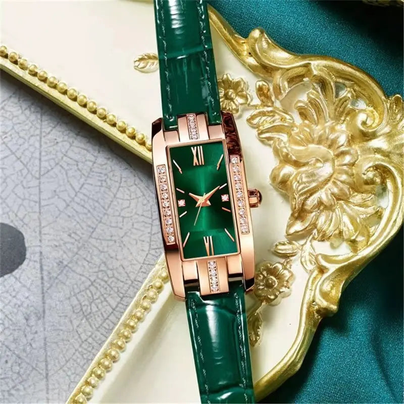Womens Watches Fashion Square Ladies Quartz Watch Bracelet Set Green Dial Simple Leather Luxury Women Watches - Sun Studio
