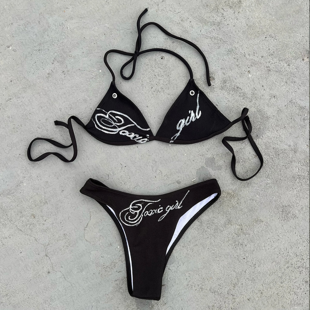 Fashionable letter printed sexy bikini set women's swimsuit patch swimsuit hot pants set summer casual niche fashion Y2k style - Sun Studio