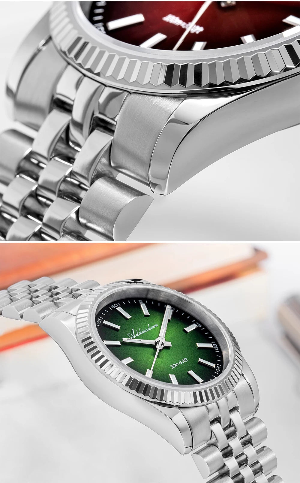 ADDIESDIVE AD2073 Men's Business Watch Sapphire Glass Stainless Steel Quartz Wristwatches Gradient Red Dial Watches Reloj Hombre - Sun Studio