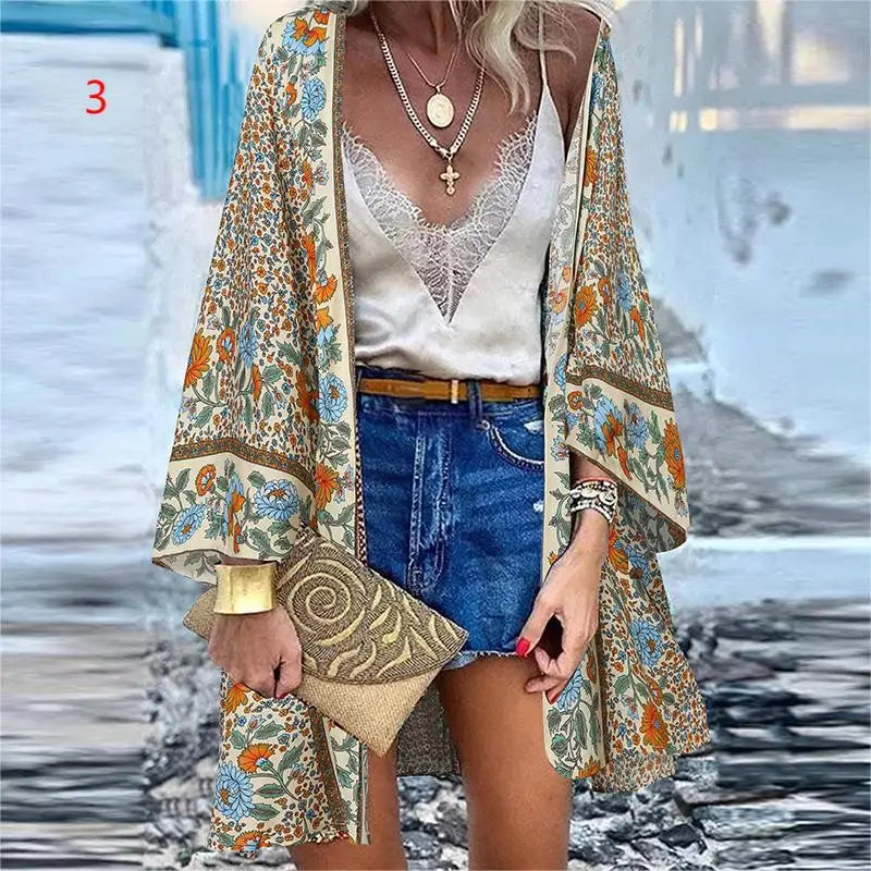 WeHello 2023 Summer Bohemian Casual Cloak Cardigan for Swimsuit woman Beach Swimwear Tops Long Sleeved Shawl Chiffon Shirt - Sun Studio