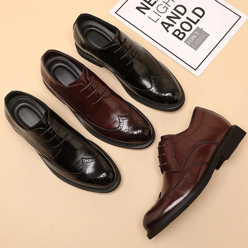 Men's Dress Brogues Elevator Shoes Platform Breathable Casual Business Luxury Genuine Leather Heightening Shoes 6 8CM Taller Man - Sun Studio