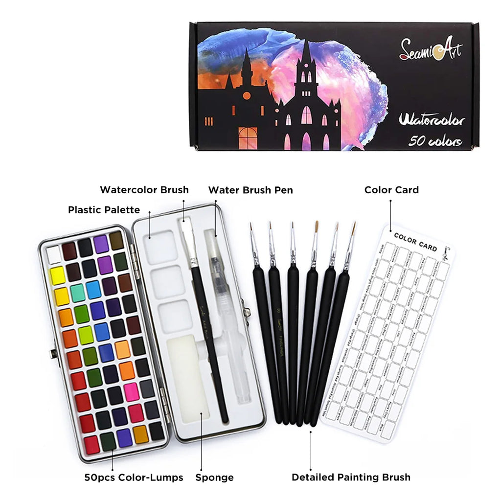 SeamiArt 50Color Solid Watercolor Paint Set Portable Metal Box Watercolor Pigment for Beginner Drawing Watercolor Paper Supplies - Sun Studio