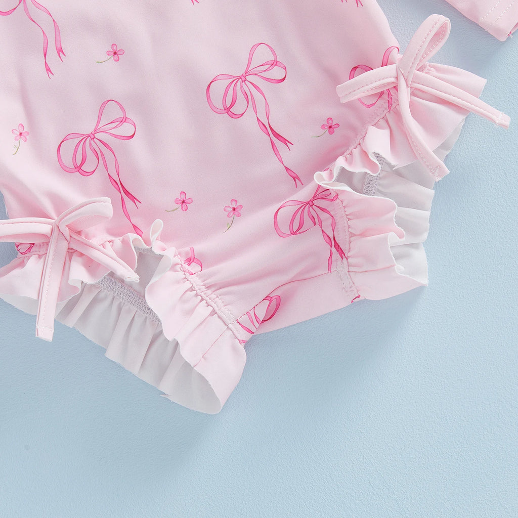 Toddler Baby Girl Rash Guard Swimsuit Bow Print Ruffled Long Sleeve Round Neck Beachwear Jumpsuit and Hat Swimwear 2Pcs Set - Sun Studio