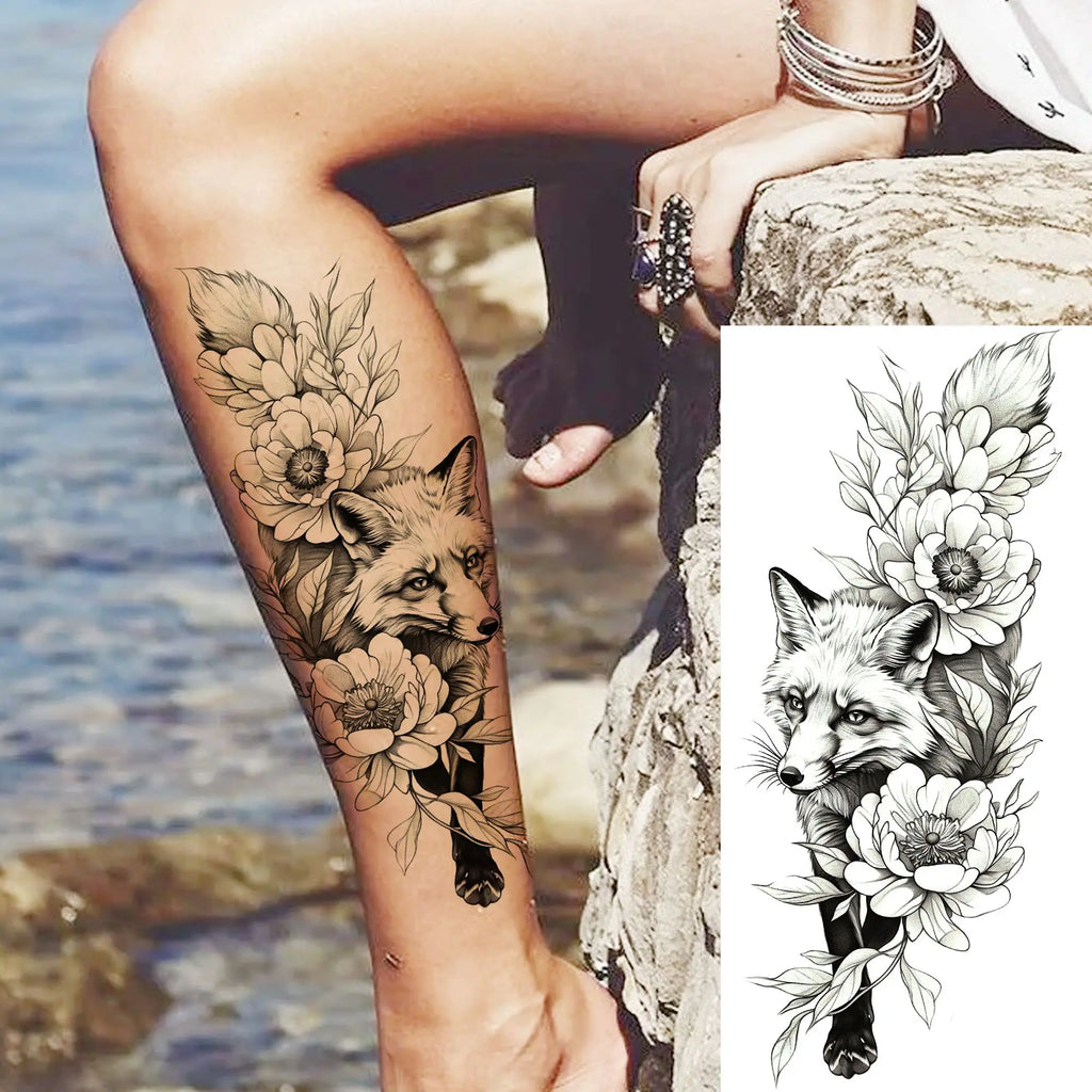 1 Sheet Beautiful Turtle With Flowers Temporary Tattoos Elephant Lion Tatoos Waterproof Realistic Animals Fake Tattoos Stickers