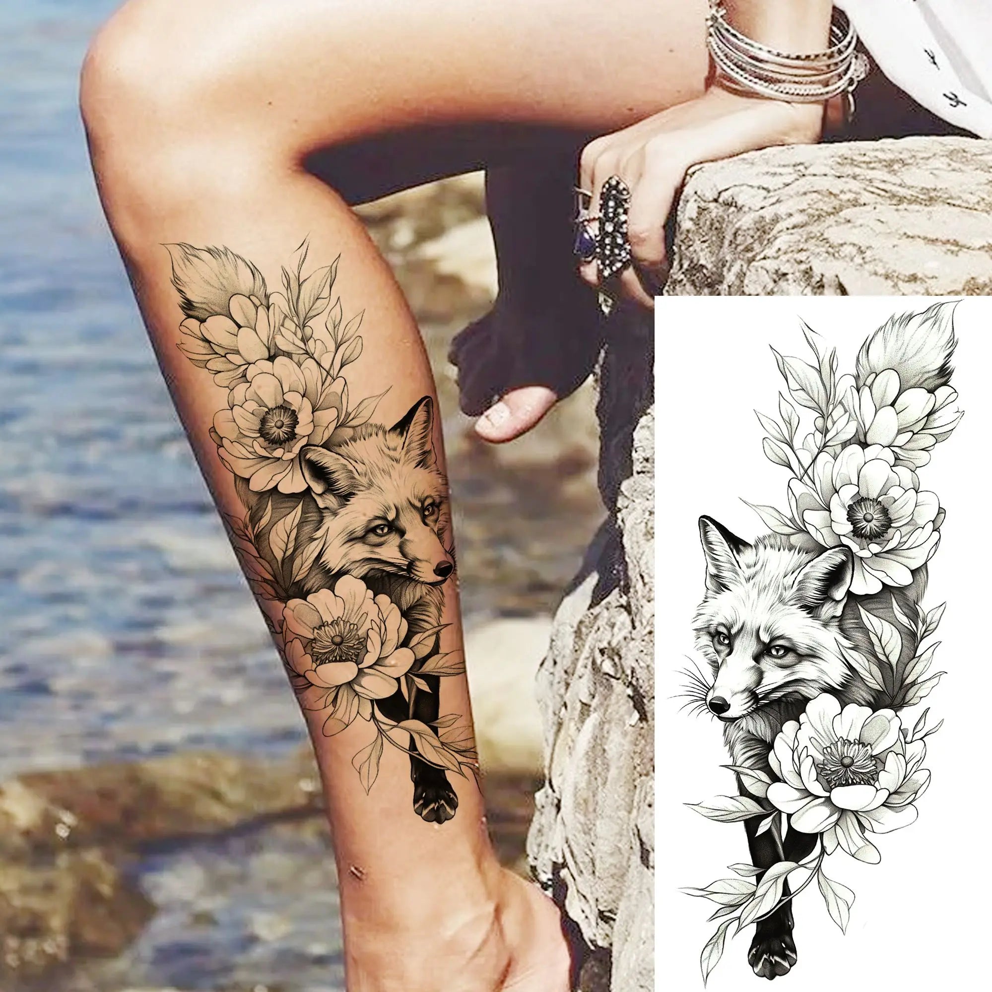 1 Blatt Schönes Schildkröte mit Blumen Temporäre Tattoos Elefant Löwe Tattoos Wasserdicht Realistische Tiere Fake Tattoos Aufkleber