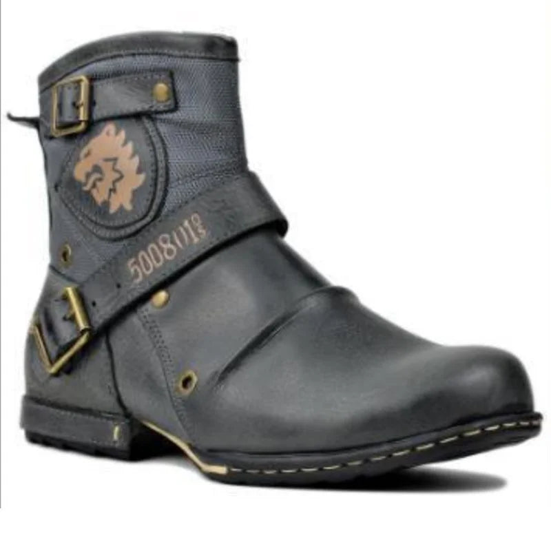 Men's Ankle Boots High Quality Cowboy Boots Men Metal Buckle Side Zipper Motorcycle Boots Gothic Boots Retro Western Boots - Sun Studio