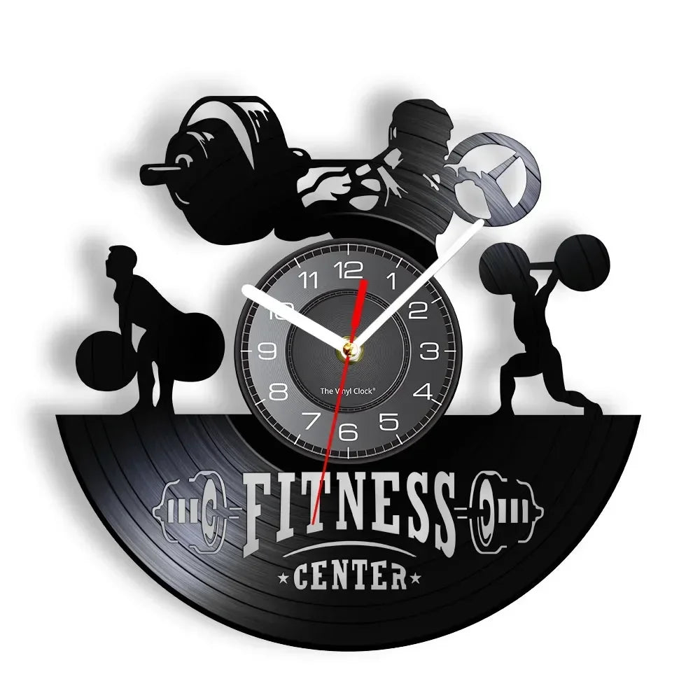 Fitness Equipment Theme Vinyl Record Fitness Wall Clock Home Decoration LED Backlight Modern Fitness Watch