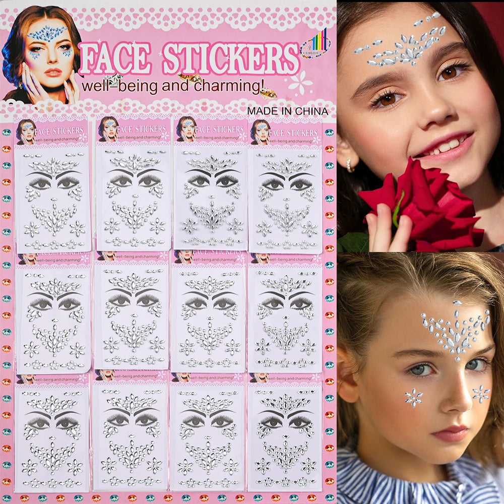 1sheet 900pcs Rainbow Face Glittle Gem Stickers Stick-On Facial Tattoo Eye Rhinestone Jewels 3/4/5mm Mix Wedding Party Make Up - Sun Studio