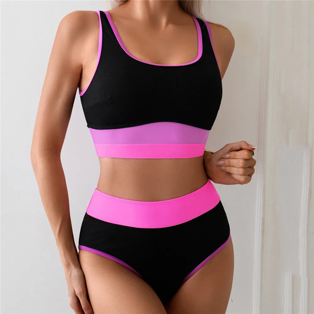 Black Pink Patchwork Ribbed Swimwear Bandeau High Waist Bikini Sports Sexy Swimsuit Women Bathing Suit Bikinis Sets De Mujer - Sun Studio