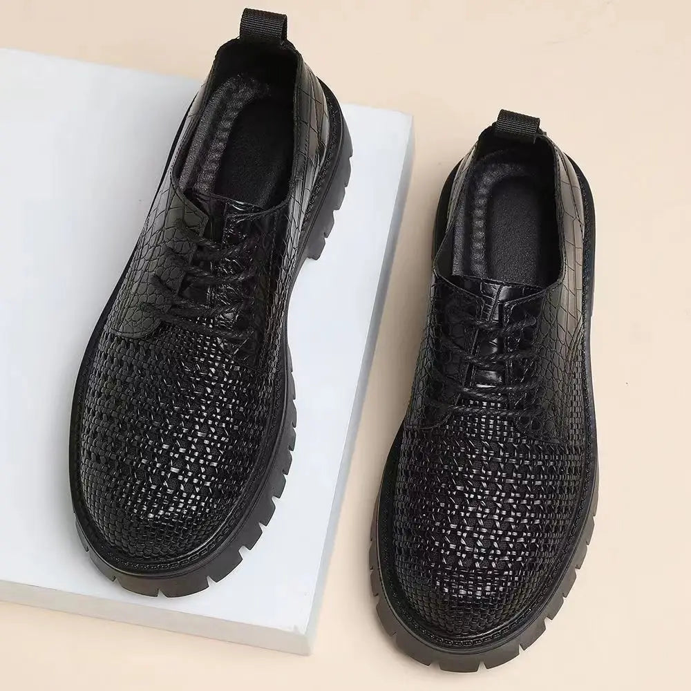 Spring leather woven leather wear-resistant thick-soled heightening casual men's first-layer cowhide breathable hollow shoes - Sun Studio