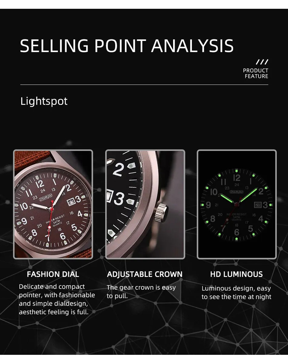 Fashion Mens Watches Luminous Hands Clock Luxury Military Sports Calendar Quartz Wristwatch Men Casual Nylon Watch Reloj Hombre - Sun Studio