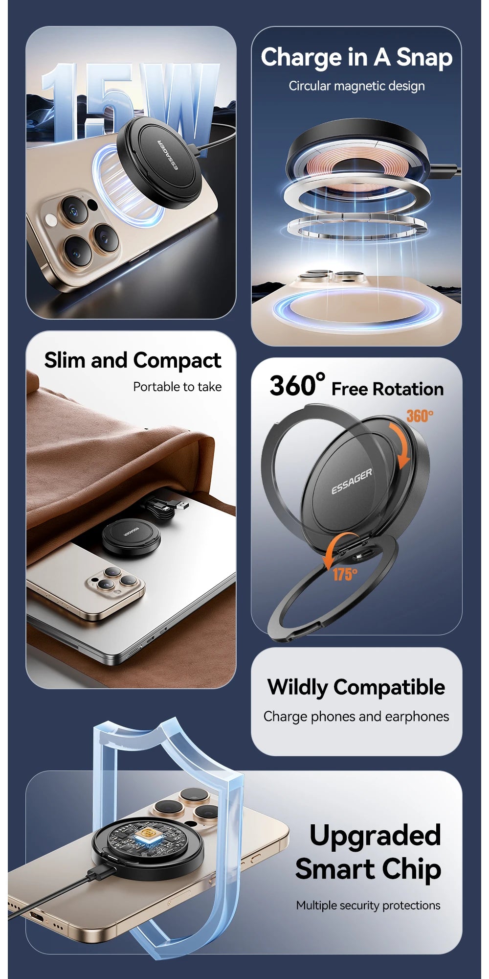 Essager Magnetic Wireless Charger With Holder 15W Fast Charging For iPhone16 15 14 13Pro Max Airpods Mini Wireless Phone Charger - Sun Studio