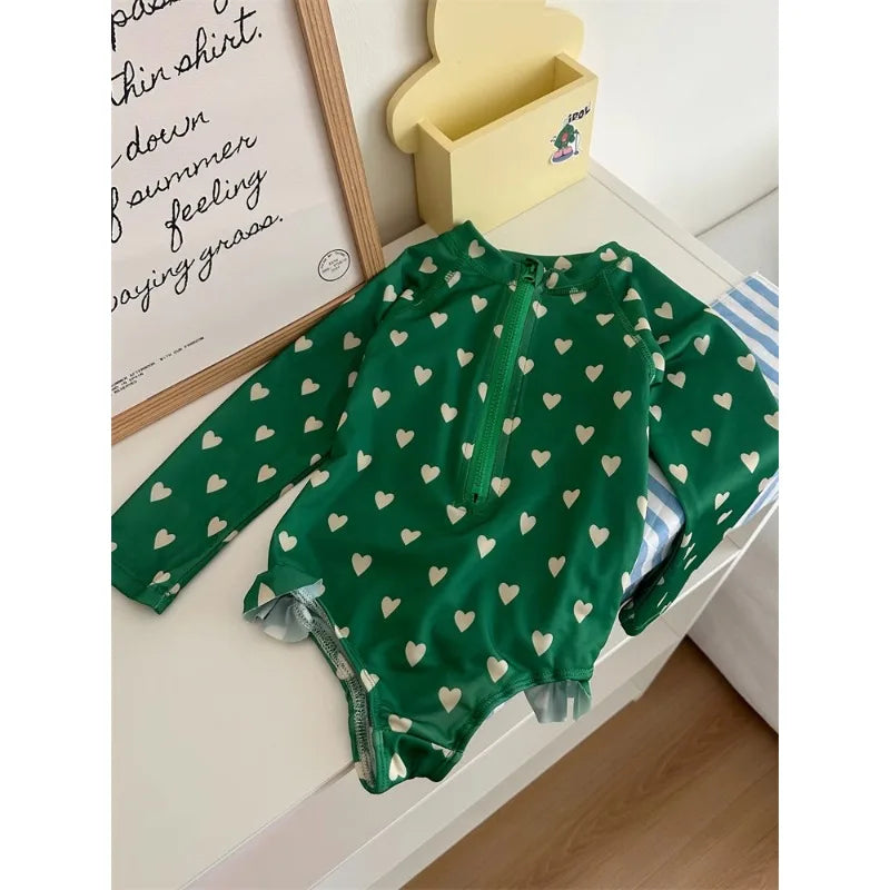 2026 New Girls' Long Sleeve Swimsuit Cute Print Round Neck Zipper One-Pieces Swimwear Child Fuffle Triangle Swimming Suit H042 - Sun Studio