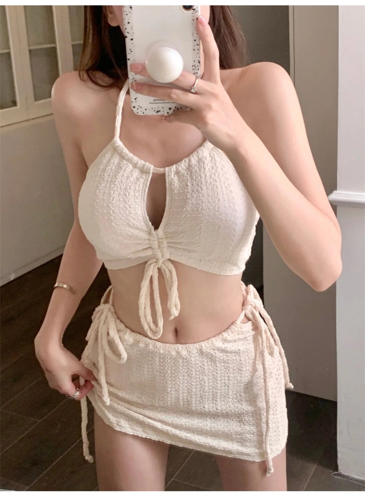 sexy Korean fashion ribbed halter bikinis sets three pieces drawstring tie swimsuit with mini skirt padded swimwear biquini - Sun Studio