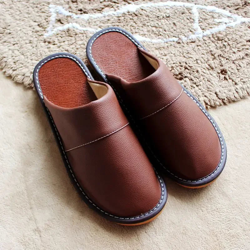 Classic PU Leather Slippers Male Indoor Unisex Shoes Men 2024 Fashion Man Leather Shoes Home Slippers Waterproof Man House Shoes - Sun Studio