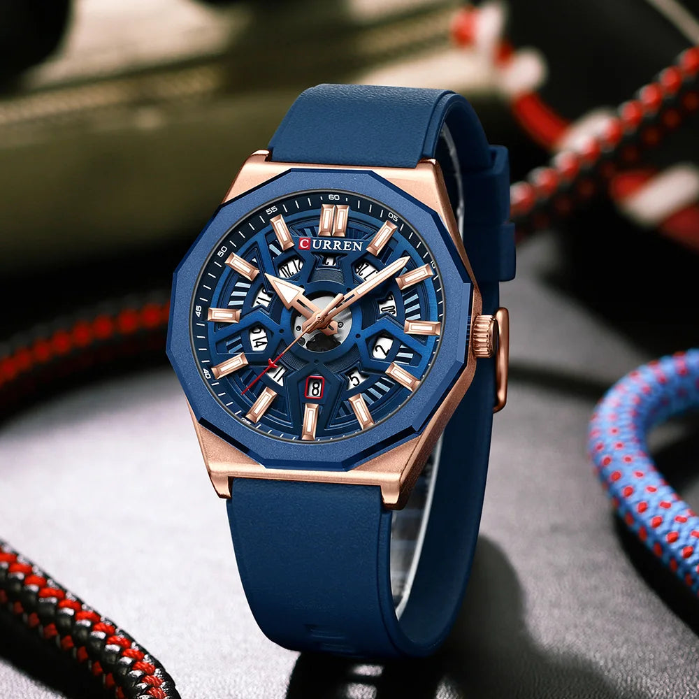 CURREN Fashion Creative Design Watches Men Quartz Silicone Strap Date Wristwatches for Male Clock with Luminous Hands - Sun Studio