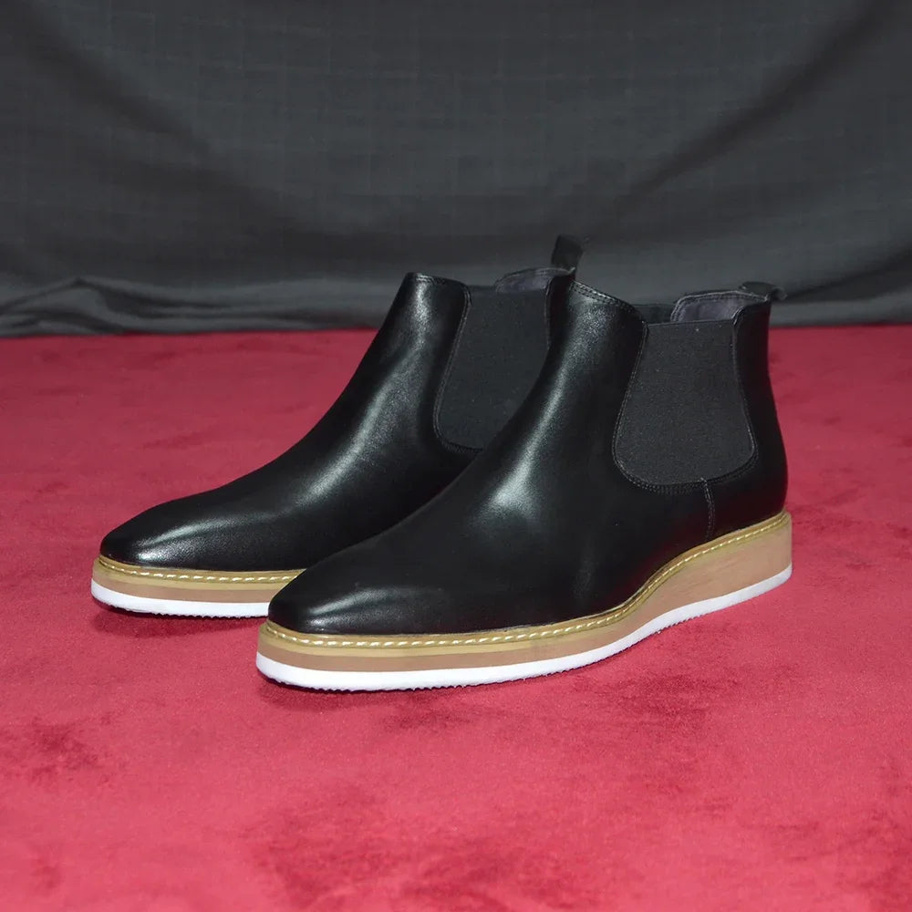 British Style Cow Genuine Leather Men's Chelsea Ankle Boots Slip-on Elastic Band High Top Sneakers Casual Dress Boot for Men - Sun Studio