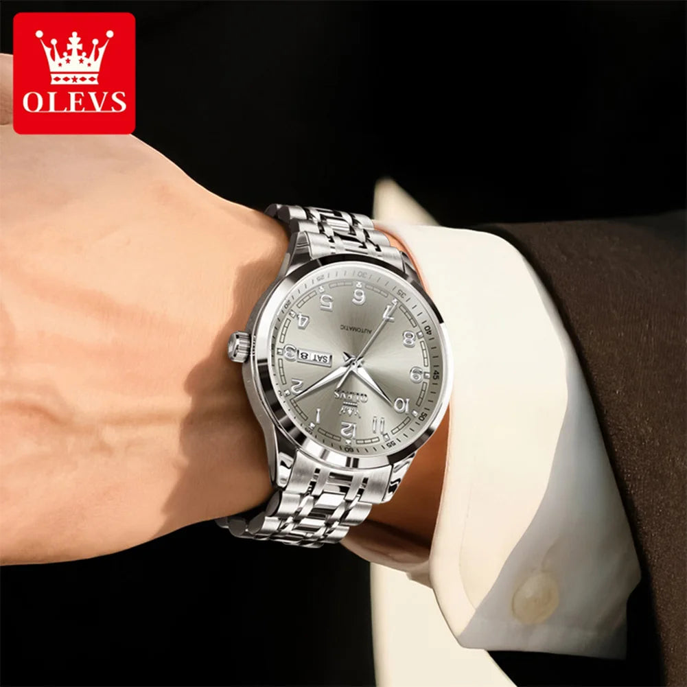 OLEVS Men Watches 7077 Luxury Fashion Top Brand Original Automatic Mechanical Watch for Man Double Scale Simple Trend Waterproof - Sun Studio